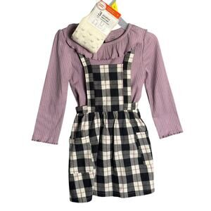 Wonder Nation 3T Girls 3pc‎ Set Pinafore Skirt Overalls Long Sleeve Tights Plaid